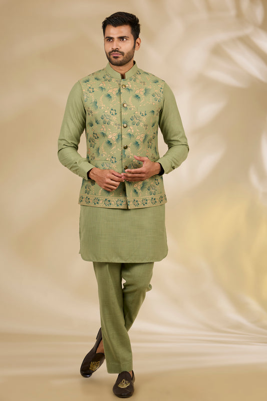 Green Ruby Silk Floral Printed Bundi Jacket Set