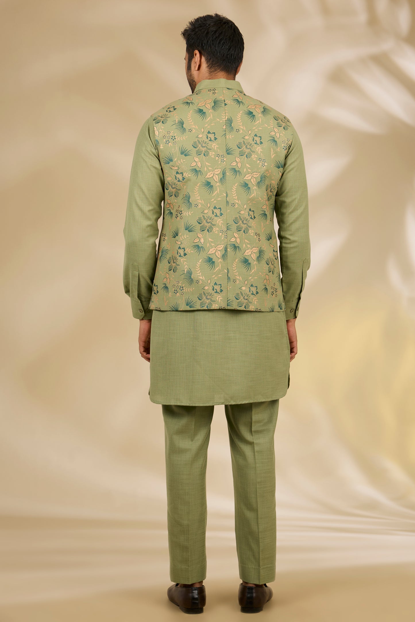 Green Ruby Silk Floral Printed Bundi Jacket Set