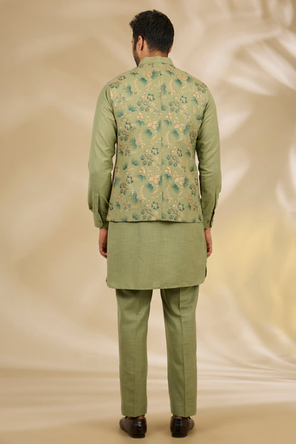 Green Ruby Silk Floral Printed Bundi Jacket Set