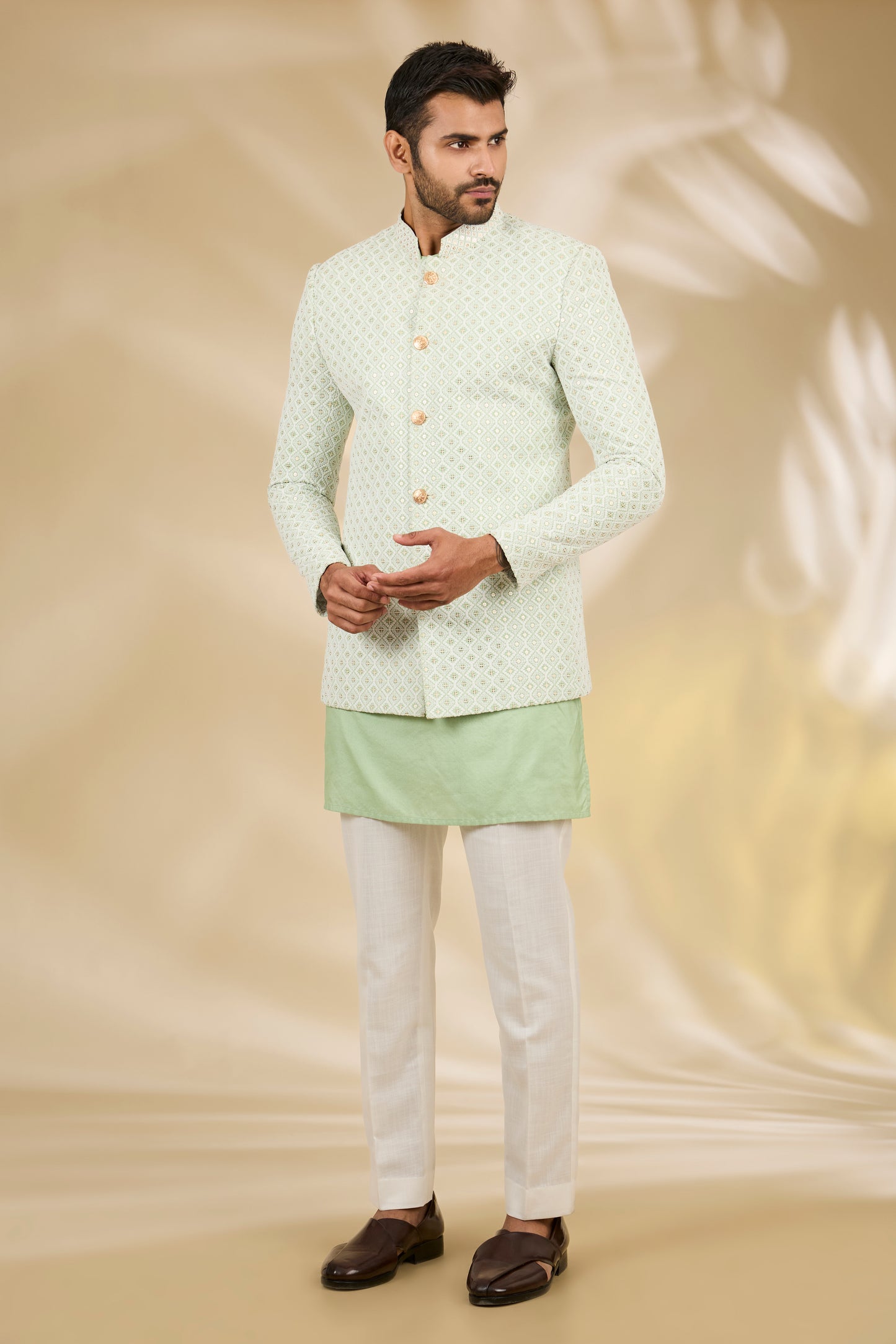 Green Art Silk Thread Embroidered Bandhgala Set
