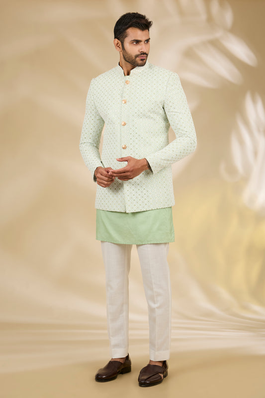 Green Art Silk Thread Embroidered Bandhgala Set