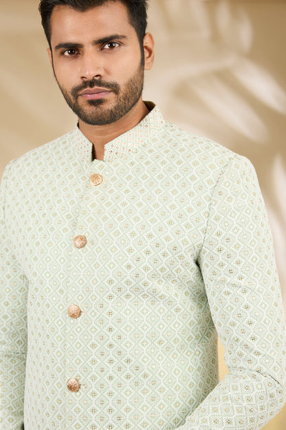 Green Art Silk Thread Embroidered Bandhgala Set