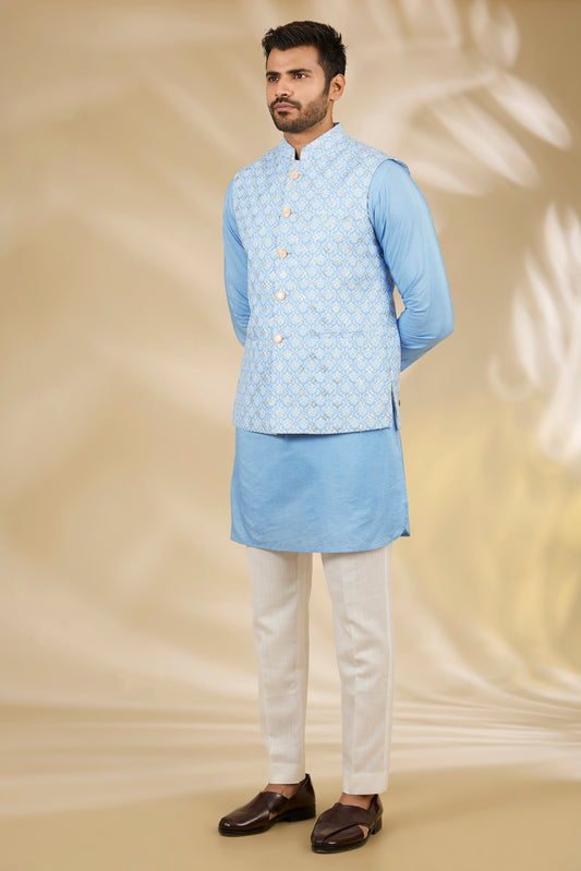 Blue Cotton Silk Printed Bundi Jacket Set