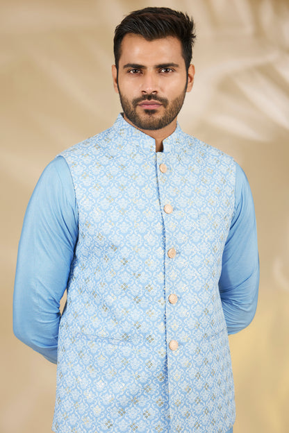 Blue Cotton Silk Printed Bundi Jacket Set
