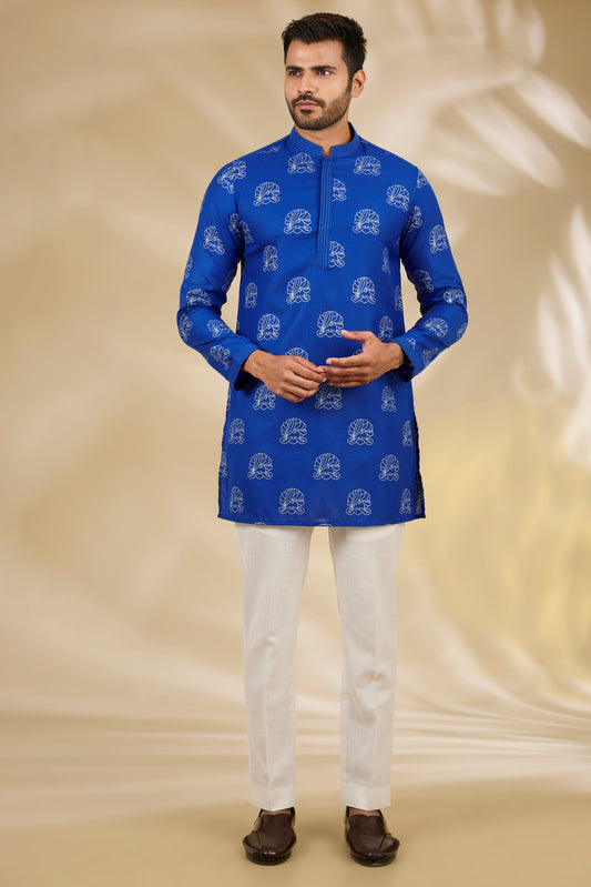 Blue Silk Printed Kurta And Pant Set