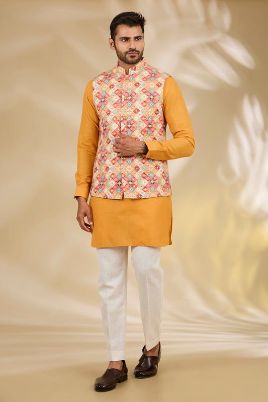 Multi Color Silk, Cotton Printed Bundi And Kurta Set