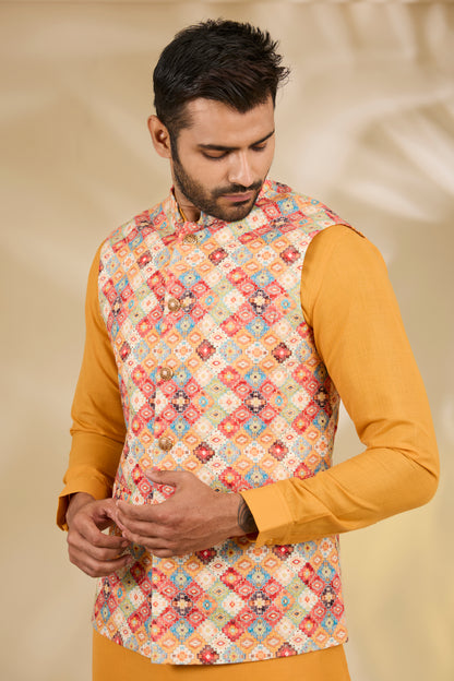 Multi Color Silk, Cotton Printed Bundi And Kurta Set
