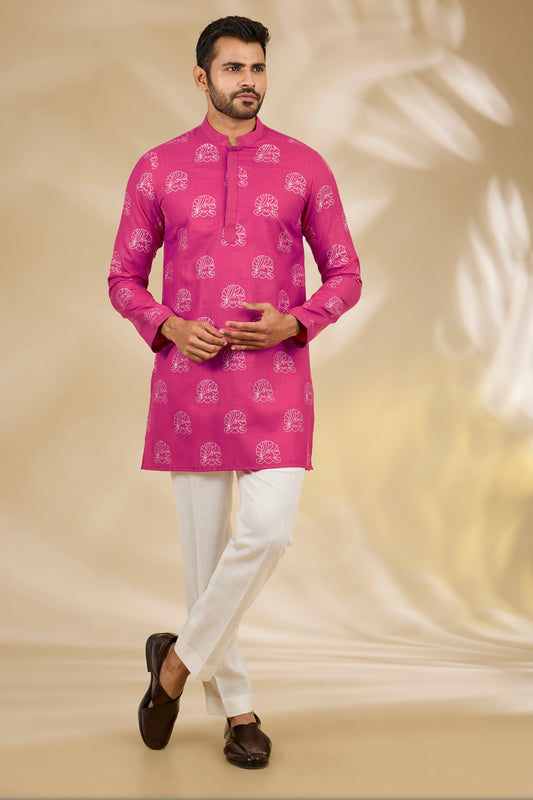 Pink Silk Hand Block Print Kurta Set