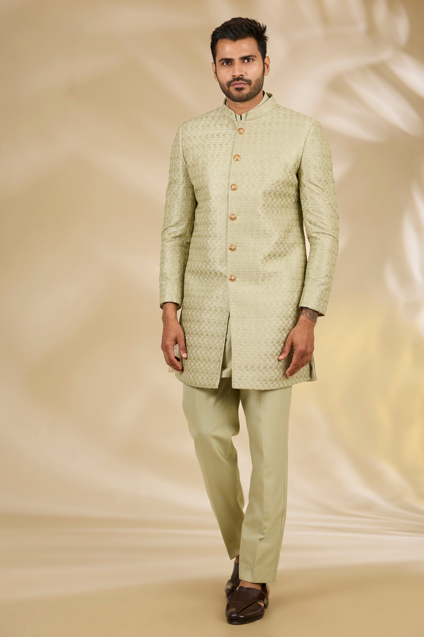 Green Art Silk Thread Embroidered Sherwani Set
