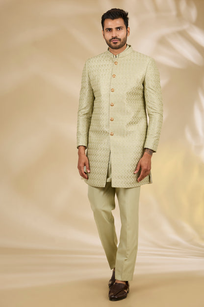 Green Art Silk Thread Embroidered Sherwani Set