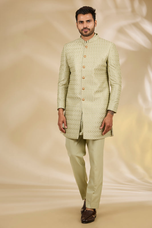 Green Art Silk Thread Embroidered Sherwani Set