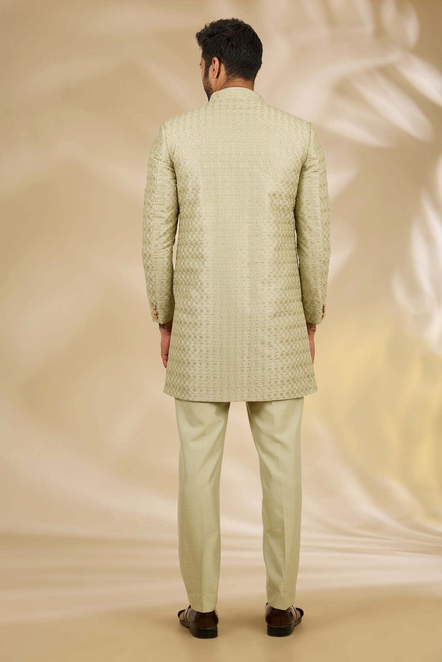 Green Art Silk Thread Embroidered Sherwani Set