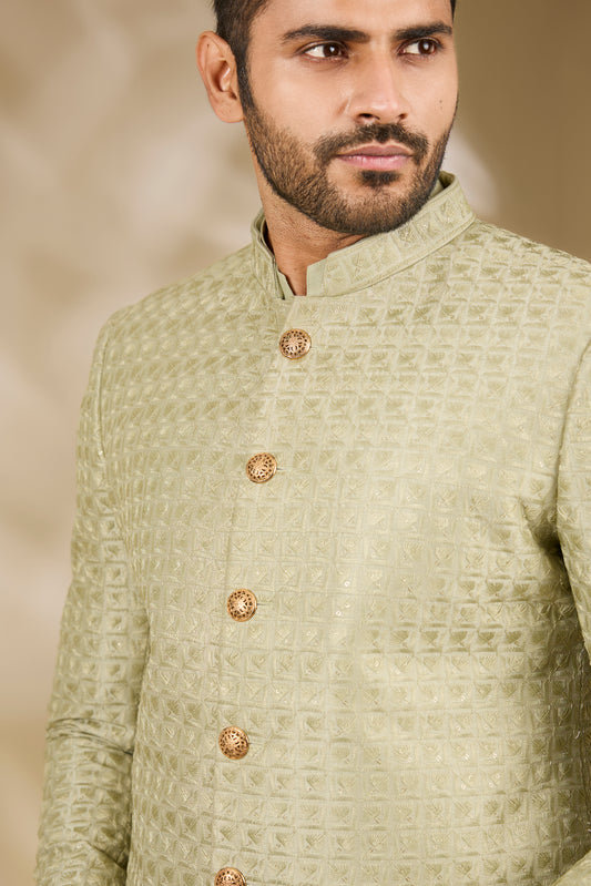 Green Art Silk Thread Embroidered Sherwani Set