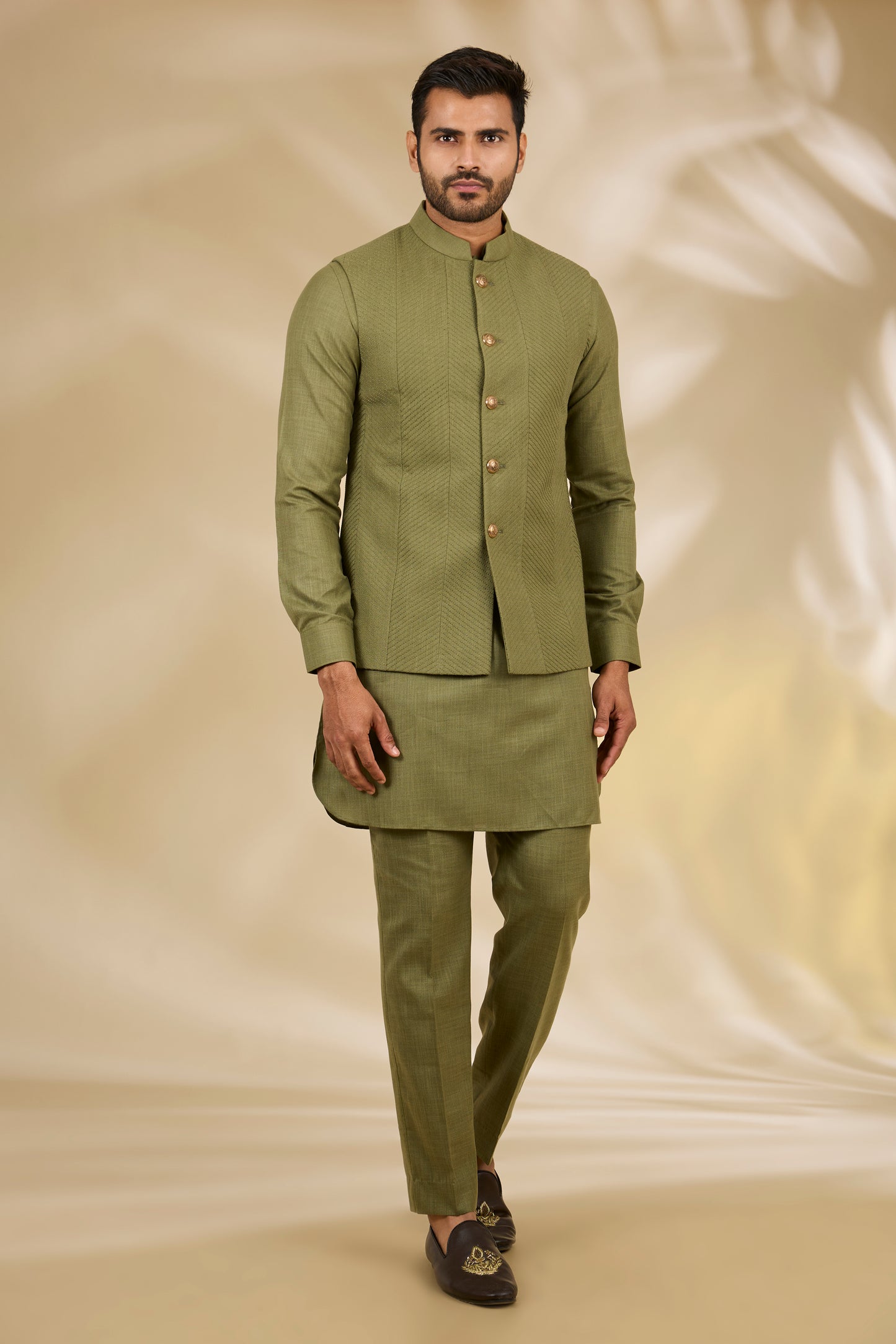 Green Silk Embroidery Thread Bundi And Kurta Set