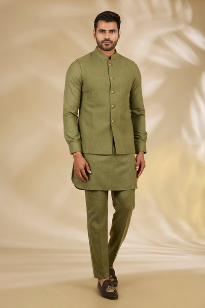 Green Silk Embroidery Thread Bundi And Kurta Set