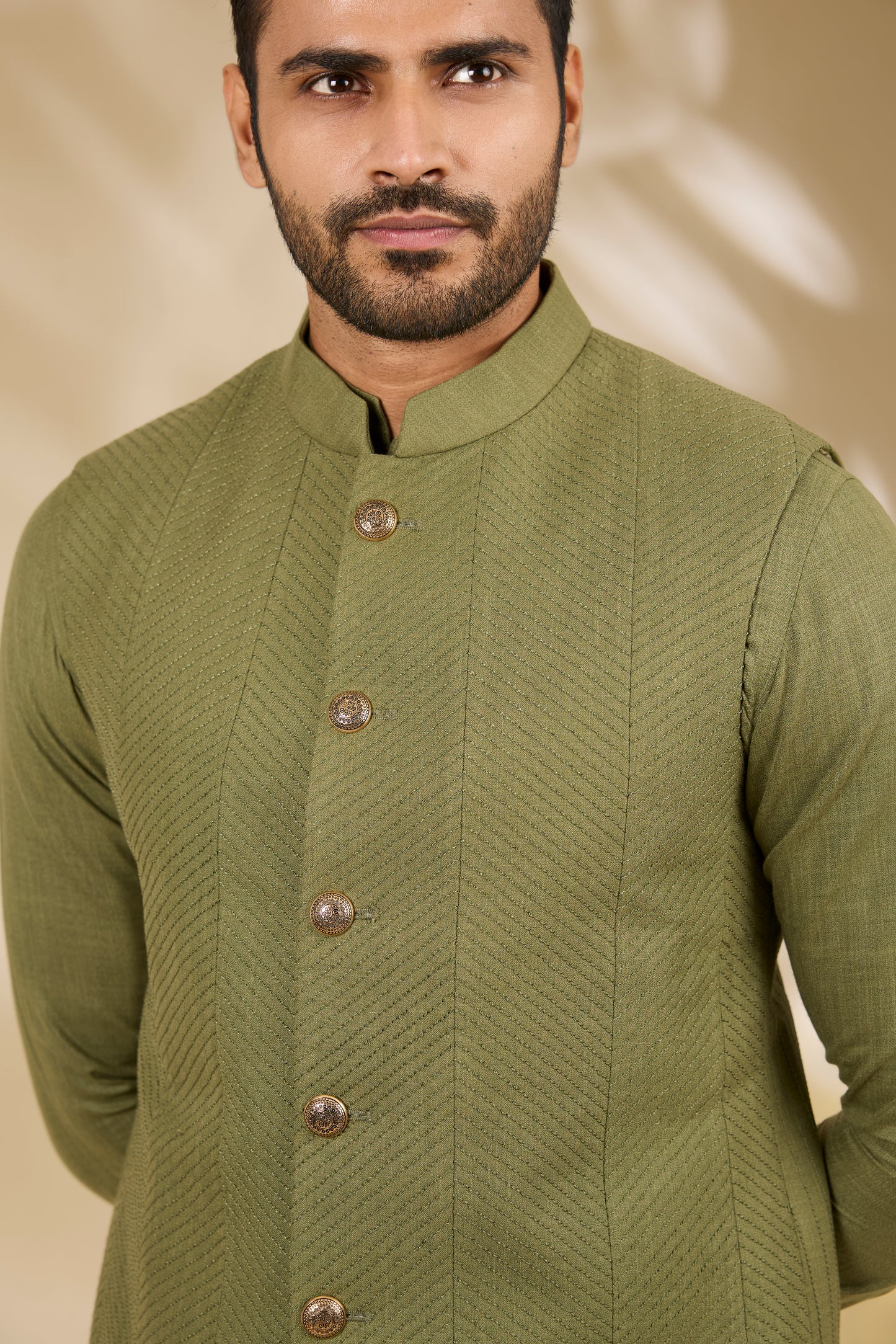 Green Silk Embroidery Thread Bundi And Kurta Set