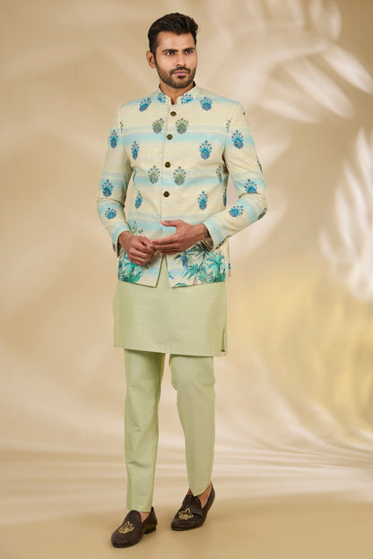 Green Cotton Silk Digital Printed Bandhgala Set