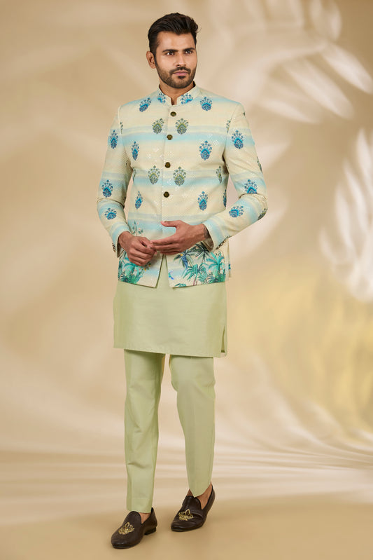 Green Cotton Silk Digital Printed Bandhgala Set