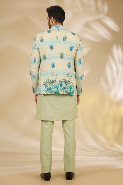 Green Cotton Silk Digital Printed Bandhgala Set
