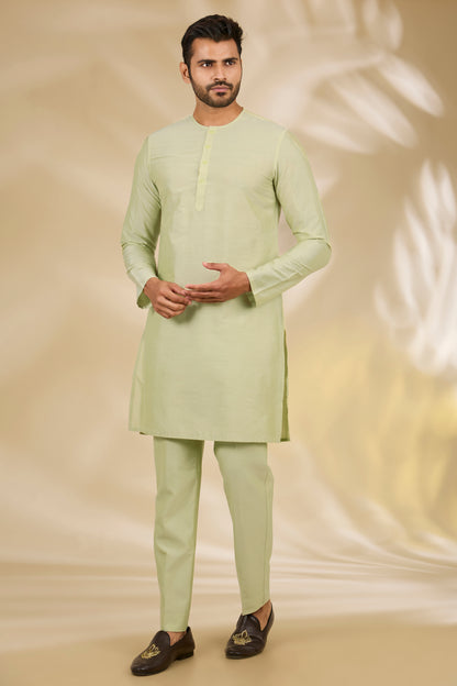Green Cotton Silk Digital Printed Bandhgala Set
