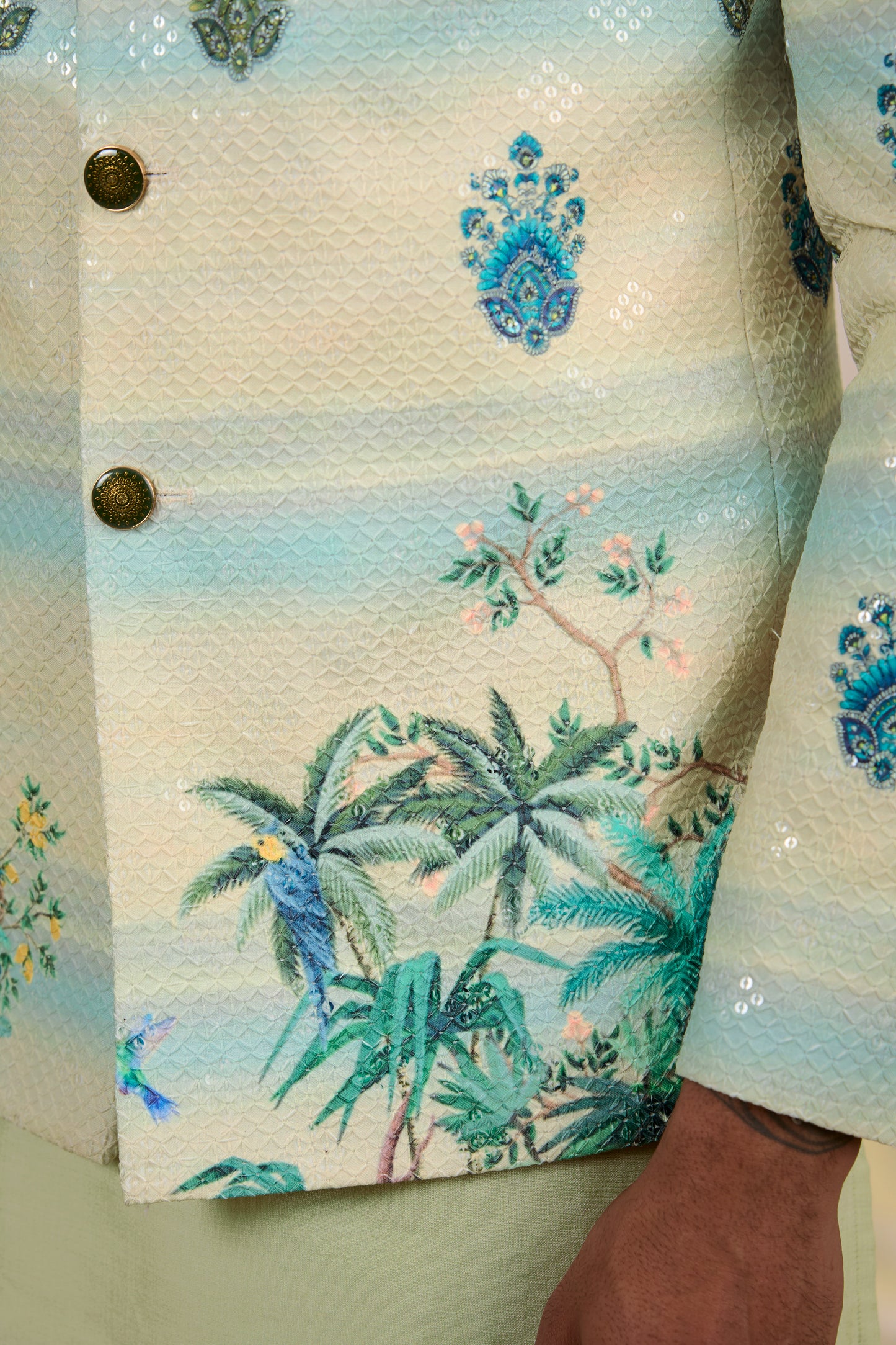Green Cotton Silk Digital Printed Bandhgala Set