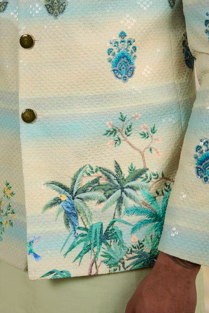Green Cotton Silk Digital Printed Bandhgala Set