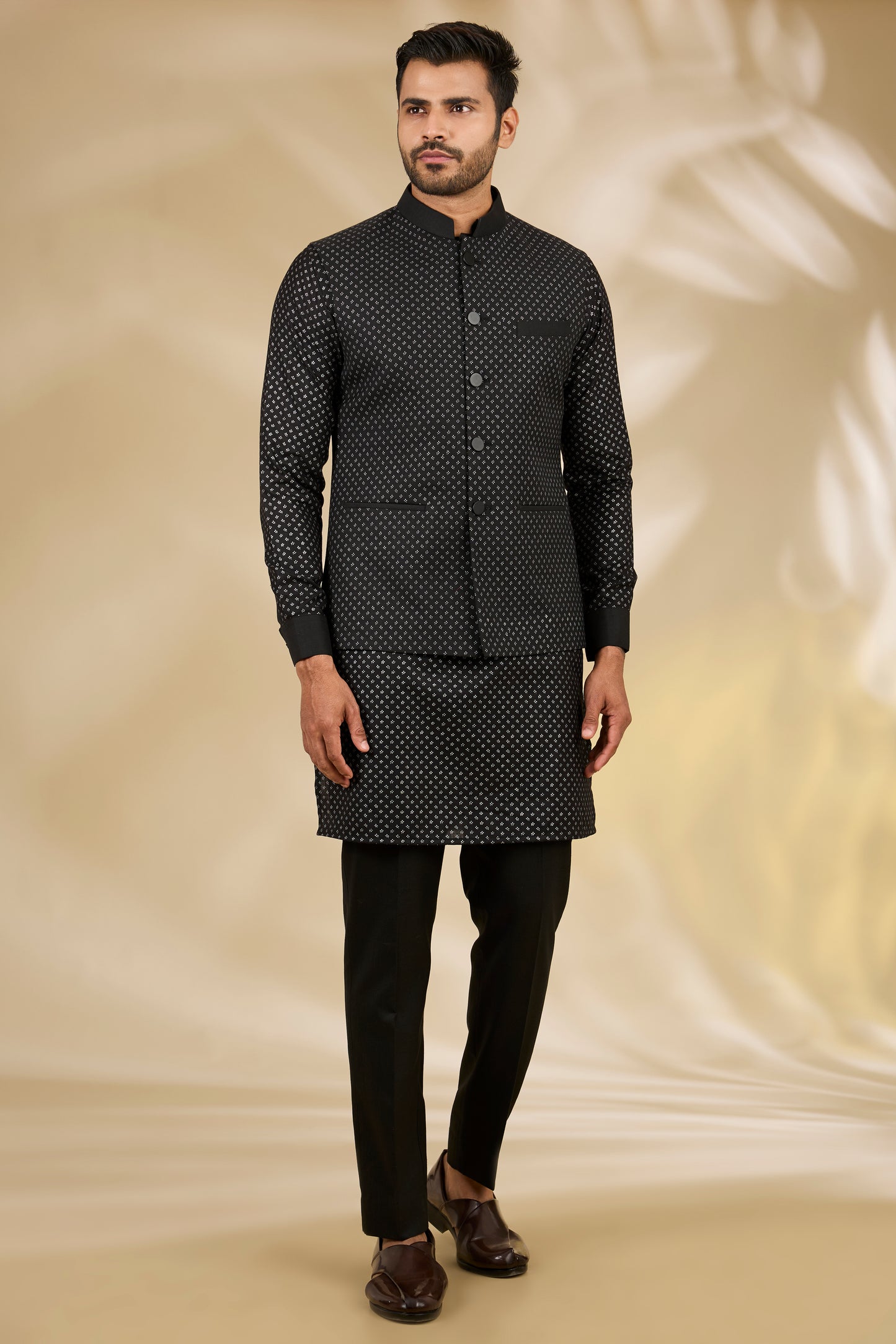 Black Silk Flower Print Bundi And Kurta Set