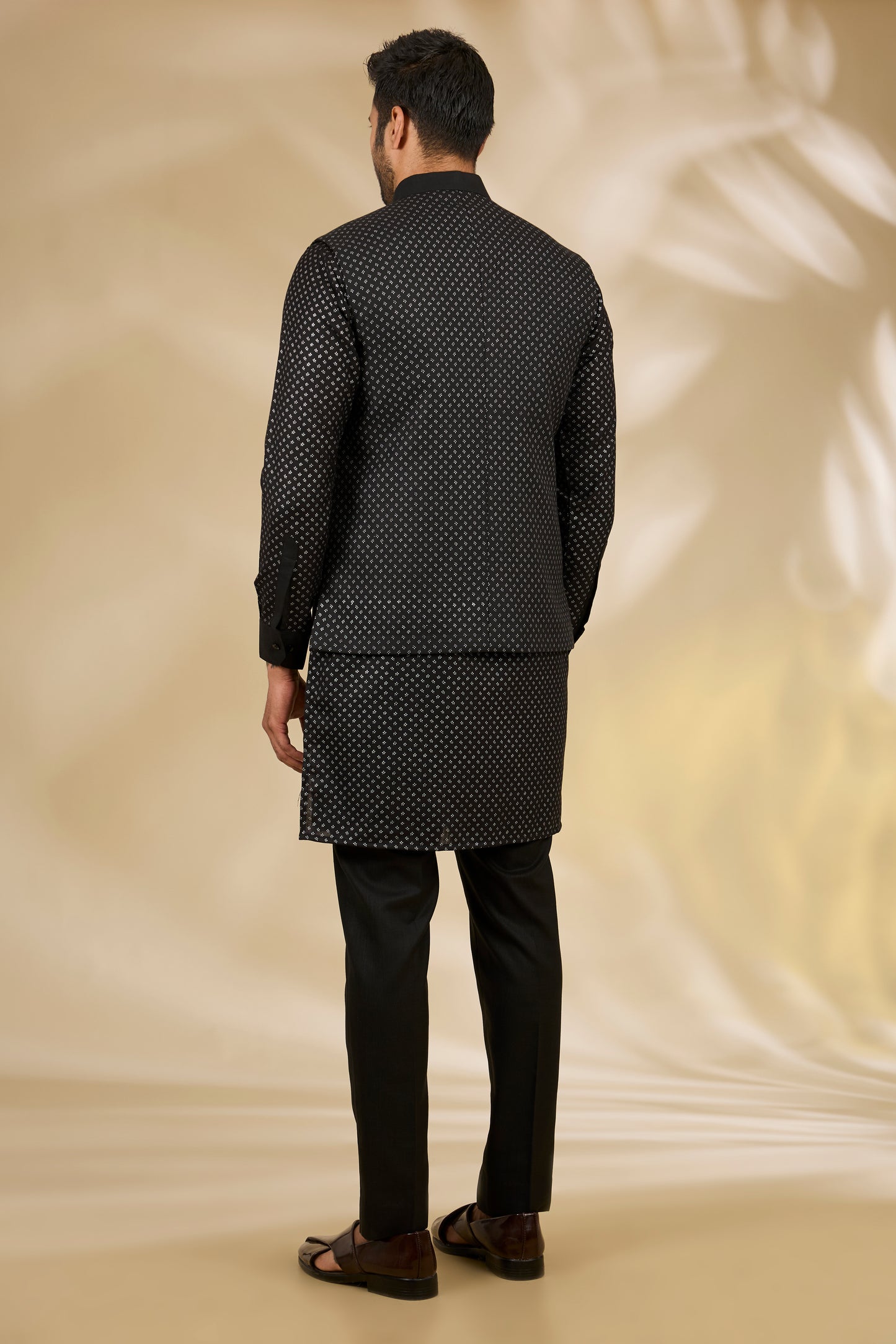 Black Silk Flower Print Bundi And Kurta Set