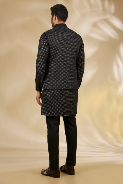 Black Silk Flower Print Bundi And Kurta Set