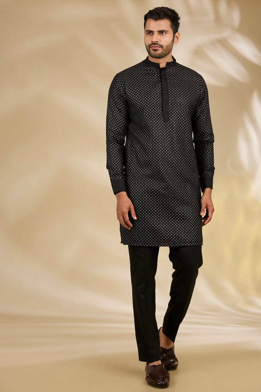 Black Silk Flower Print Bundi And Kurta Set