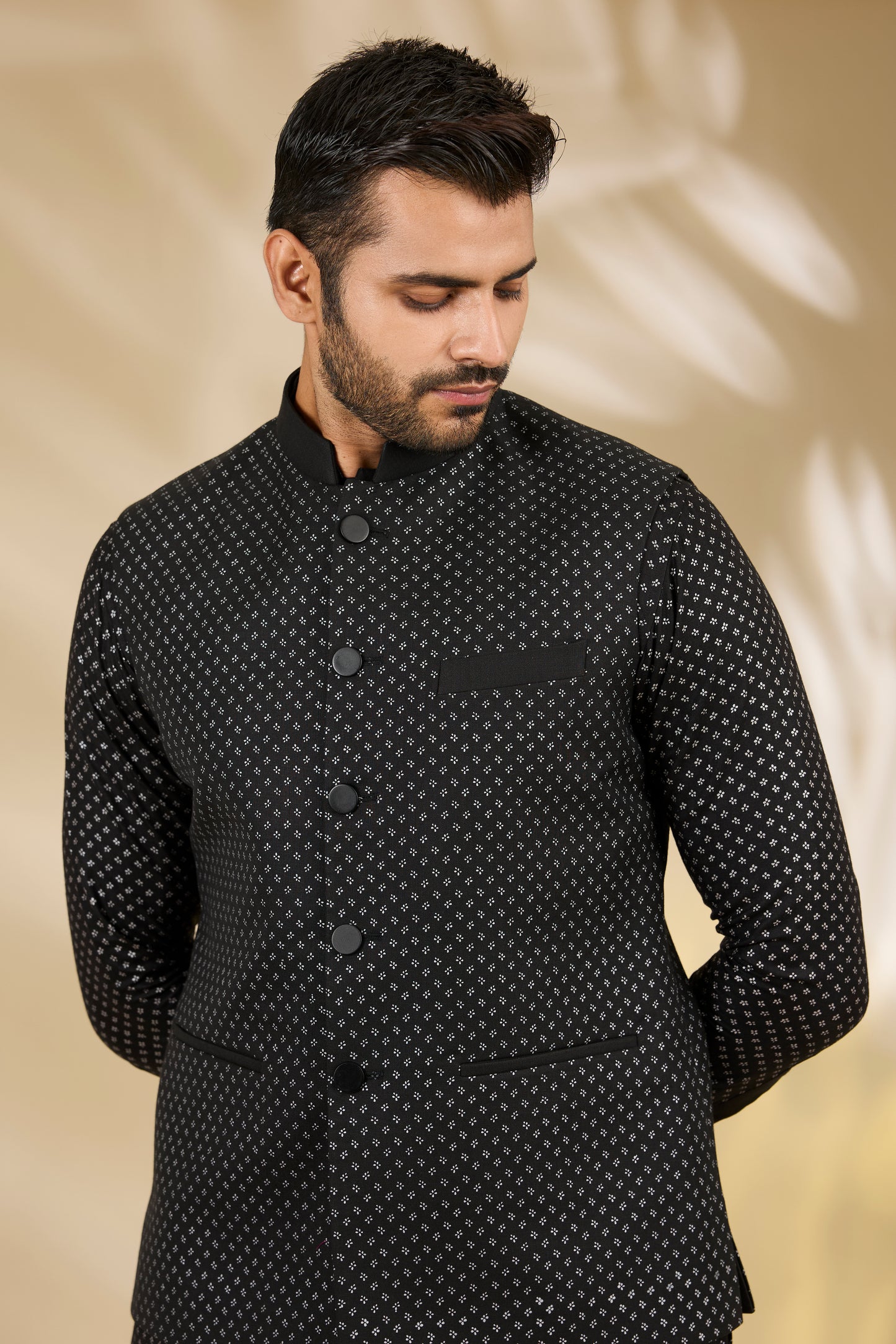Black Silk Flower Print Bundi And Kurta Set