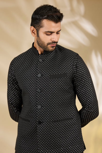 Black Silk Flower Print Bundi And Kurta Set