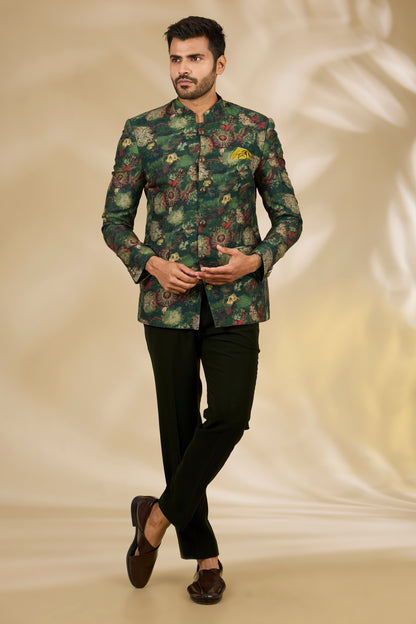 Green Art Silk Digital Printed Bandhgala Set