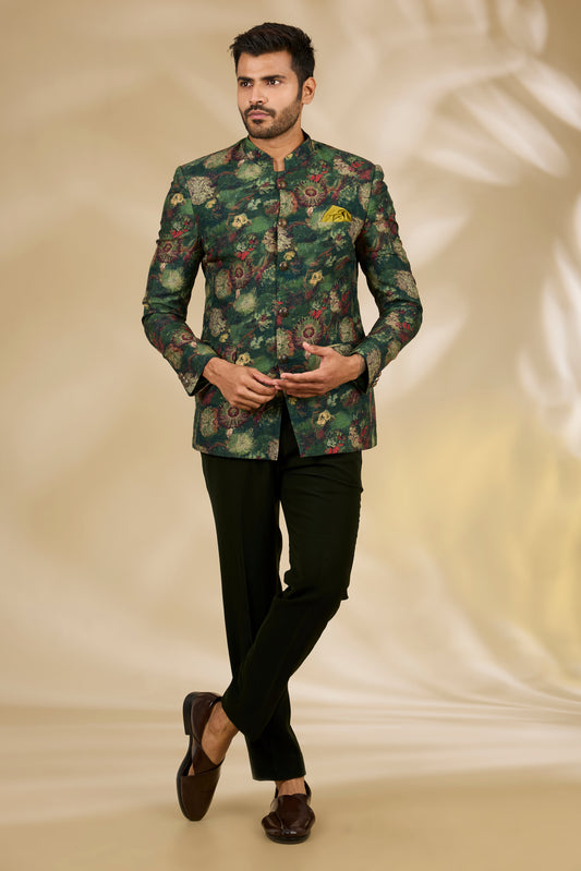 Green Art Silk Digital Printed Bandhgala Set