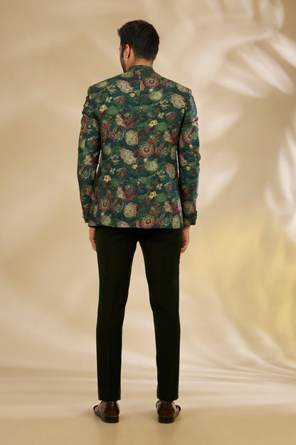 Green Art Silk Digital Printed Bandhgala Set