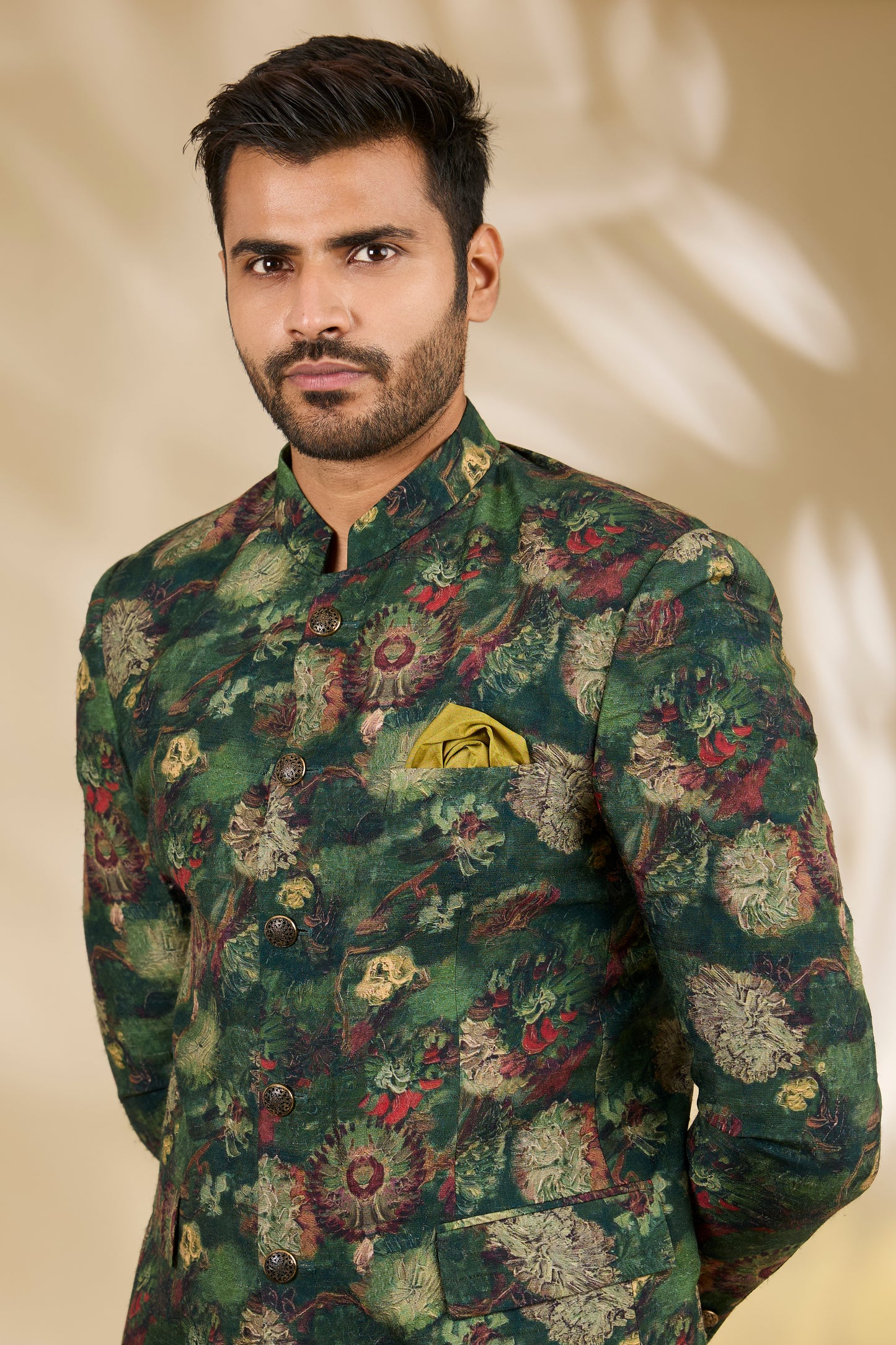 Green Art Silk Digital Printed Bandhgala Set