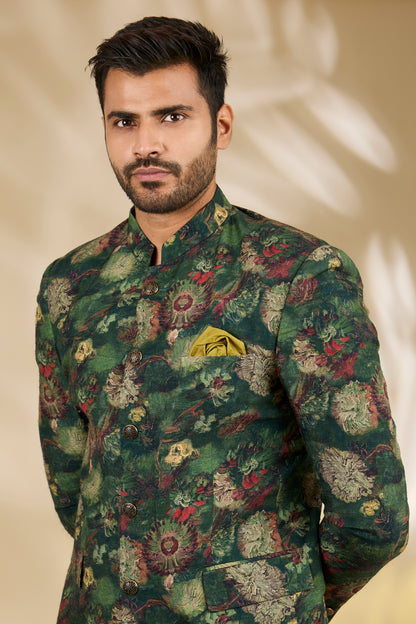 Green Art Silk Digital Printed Bandhgala Set