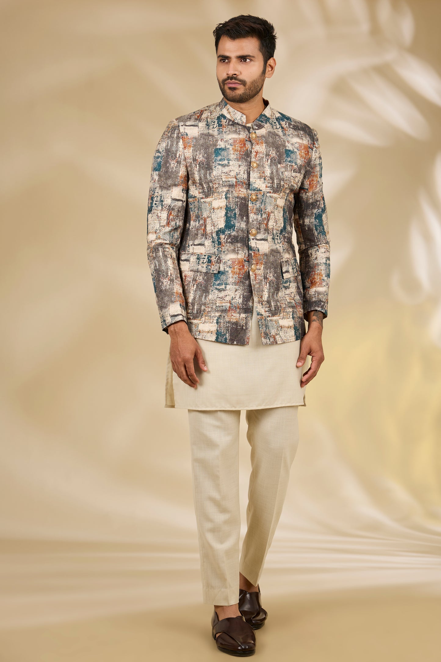 Multi Color Silk Abstract Print Bandhgala And Kurta Set
