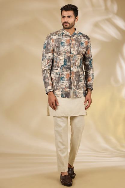 Multi Color Silk Abstract Print Bandhgala And Kurta Set