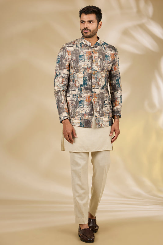 Multi Color Silk Abstract Print Bandhgala And Kurta Set