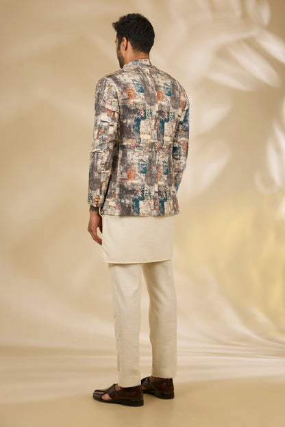 Multi Color Silk Abstract Print Bandhgala And Kurta Set