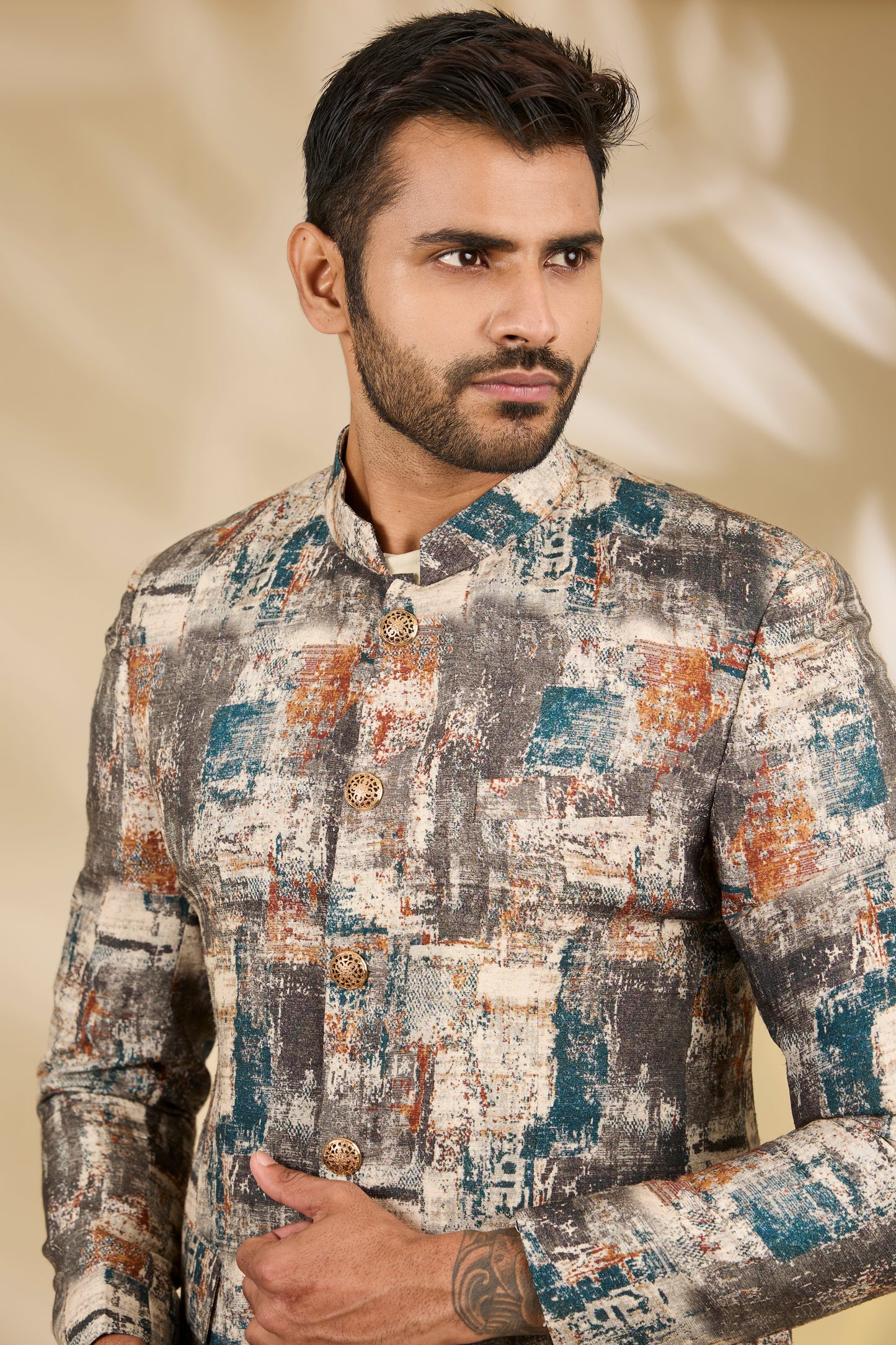 Multi Color Silk Abstract Print Bandhgala And Kurta Set