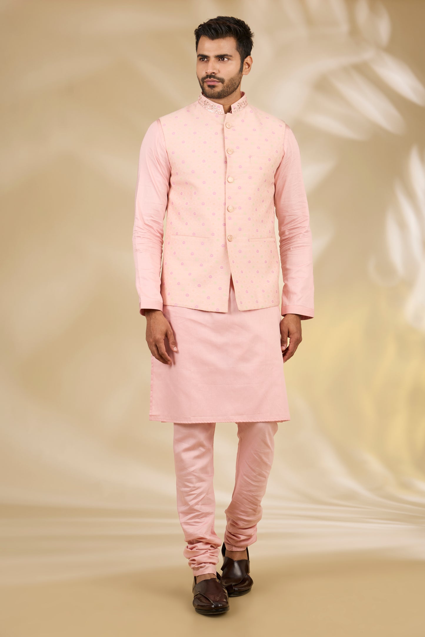Peach Silk, Cotton Satin Embroidery, Zari Floral Woven Bundi And Kurta Set