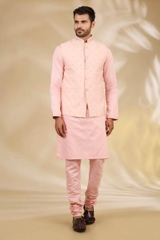 Peach Silk, Cotton Satin Embroidery, Zari Floral Woven Bundi And Kurta Set