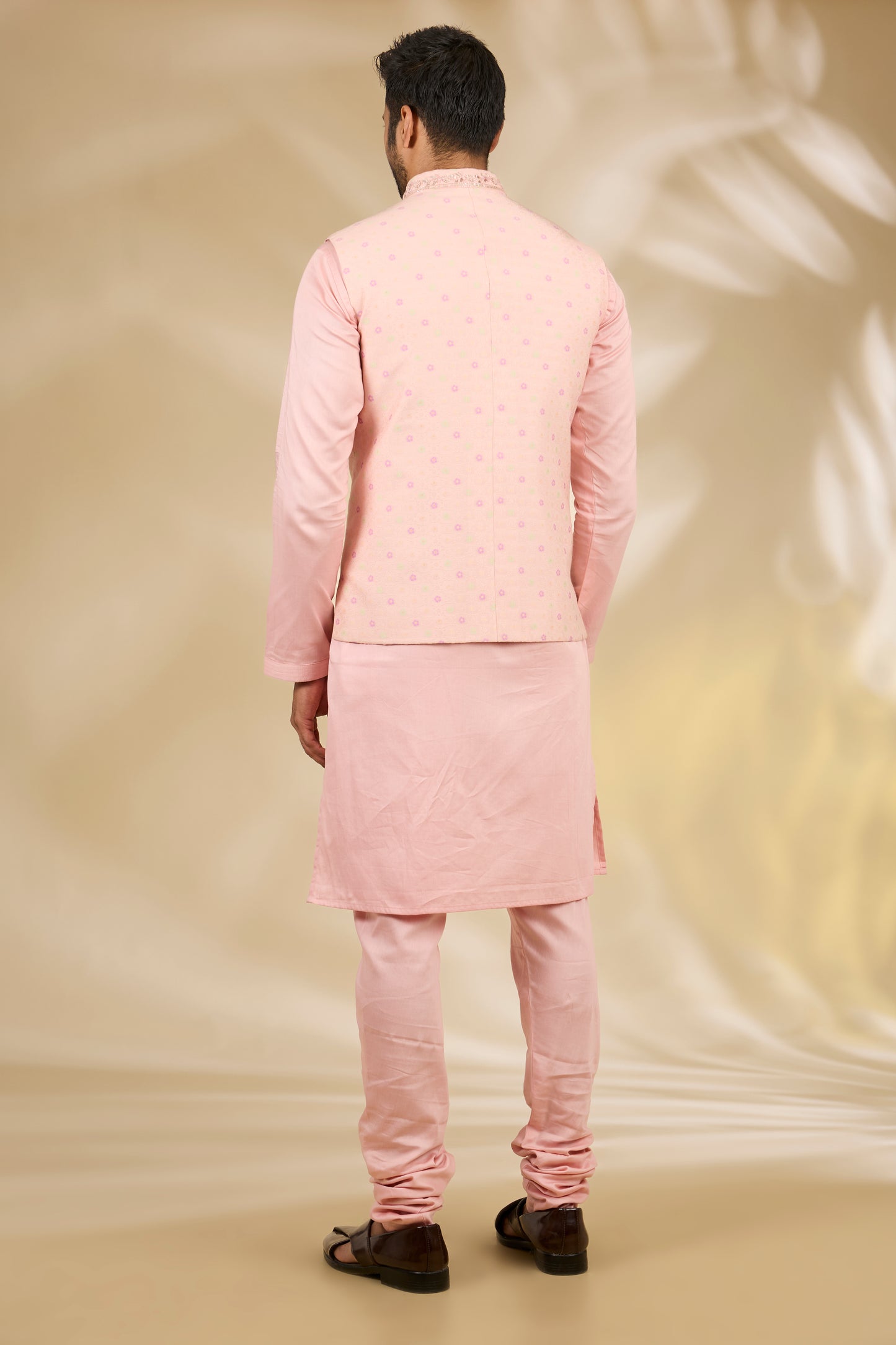 Peach Silk, Cotton Satin Embroidery, Zari Floral Woven Bundi And Kurta Set