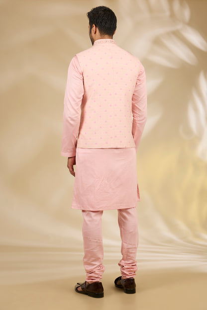 Peach Silk, Cotton Satin Embroidery, Zari Floral Woven Bundi And Kurta Set