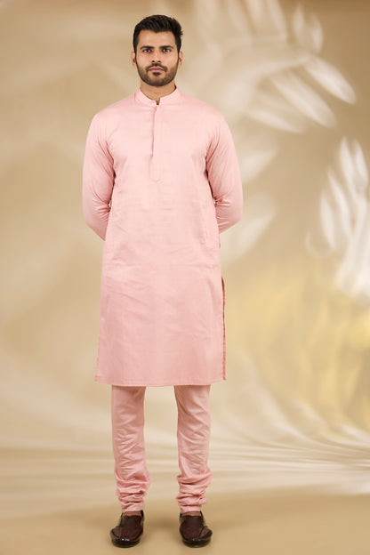 Peach Silk, Cotton Satin Embroidery, Zari Floral Woven Bundi And Kurta Set