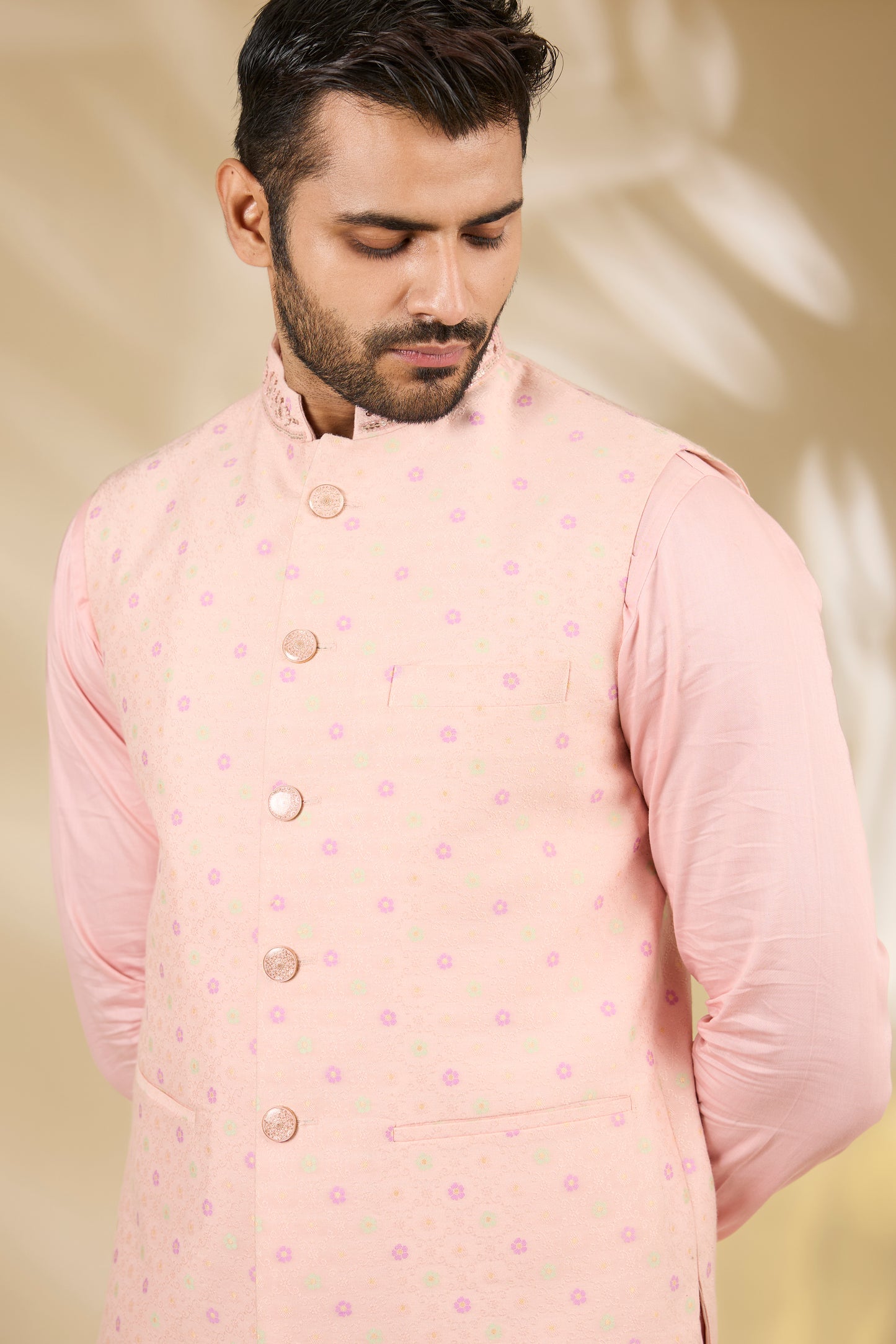 Peach Silk, Cotton Satin Embroidery, Zari Floral Woven Bundi And Kurta Set