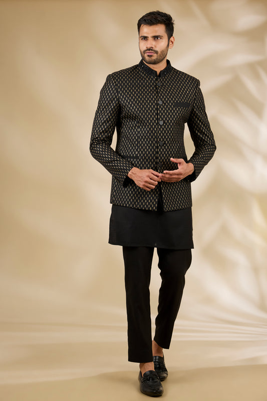 Black Silk Flower Print Bandhgala And Kurta Set