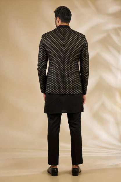Black Silk Flower Print Bandhgala And Kurta Set